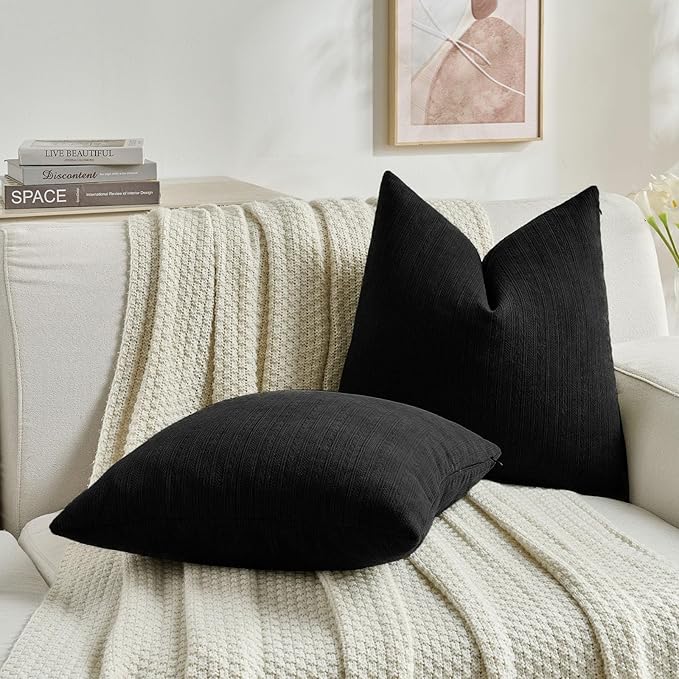 FUTEI Black Decorative Throw Pillow Covers 18x18 Inch Set of 2,Soft Cozy Wheat Ear Striped Patterns Cushion Cases,Modern Home Decor for Couch Bed Living Room