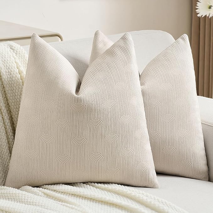 FUTEI Beige Chenille Decorative Throw Pillow Covers 18x18 Inch Set of 2,Soft Cozy Striped Geometric Patterns Cushion Case,Modern Home Decor for Couch Bed Living Room