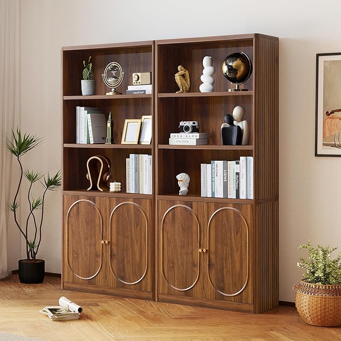 70.8" Tall Fluted Bookshelf with Storage Cabinet, Modern 5-Tier Wood Bookcase with Open Display Storage Shelf, Gold Handles for Office Living Room (Walnut)