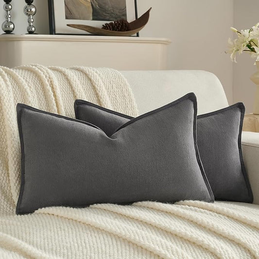 FUTEI Dark Grey Chenille Throw Pillow Covers 12x20 Inch Set of 2,Edges Double-Stitched Lumbar Pillow Cases,Modern Home Decor for Couch Living Room