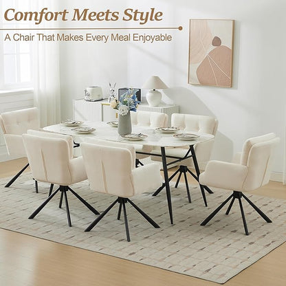 Fabric Dining Chair Set of 2 Modern Upholstered Swivel Dining Room Chairs Comfy Accent Armchair with Mid Back, Desk Arm Chair No Wheels for Kitchen/Living Room/Dining Room, White