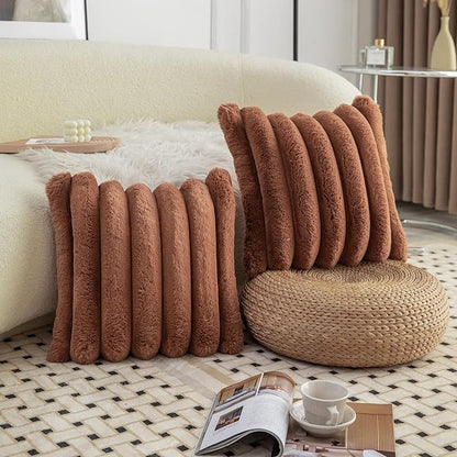 Neelvin Brown Faux Fur Cozy Soft Stripe Decorative Throw Pillow Covers 18x18 inch Set of 2,Velvet Pillowcase Cushion Case for Sofa Couch