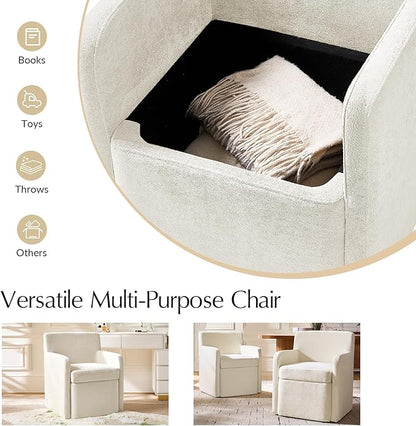 HULALA HOME Upholstered Dining Chair Set of 2 with Smooth-roling Castors, Modern Fabric Side Dining Room Chairs with Built-in Storage, Multi-Purpos Kitchen Chairs for Living Room, Beige