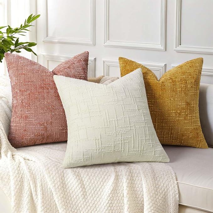 decorUhome Pink Chenille Throw Pillow Covers 22x22 Set of 2 Thick Textured Slubby Couch Pillow Covers Farmhouse Accent Modern Neutral Decorative Pillow Cases for Bed Sofa Living Room