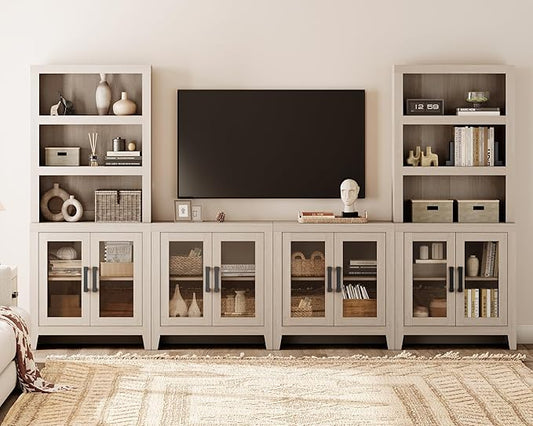 WAMPAT Farmhouse Entertainment Center with Bookshelves, 4-Piece Modular TV Stand with Storage Towers, Glass Doors, Open Shelves, Media Console for Living Room, Home Theater, Beige