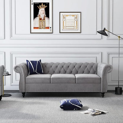 Chesterfield 3 Seater Sofa, Modern Velvet Tufted Couch 3 Seater with Rolled Arms and Nailhead Mid-Century Upholstered Couch for Living Room, Bedroom, Apartment and Office, Grey