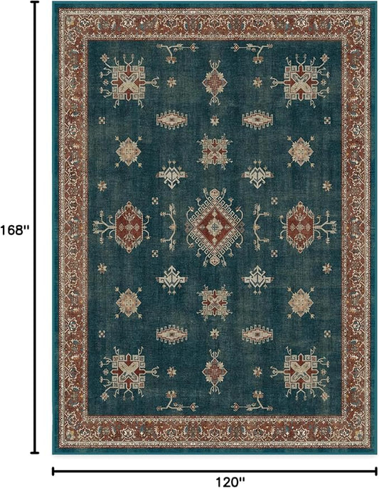 RUGGABLE Washable Vintage Area Rug – Verena Teal Blue 10x14, Stain-Resistant, Non-Slip – Large Machine Washable Rugs for Living Room, Bedroom, Hallway, Entryway & Office–with Standard Pad