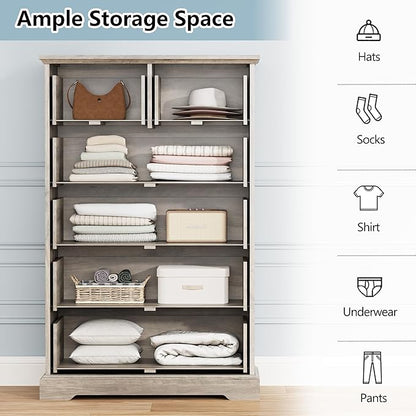 6 Drawer Dresser for Bedroom, 49" Tall Wooden Chest of Drawers, Rustic Farmhouse Dresser with Large Drawers & Metal Handles, Modern Storage Organizer for Closet, Living Room, Hallway, Grey