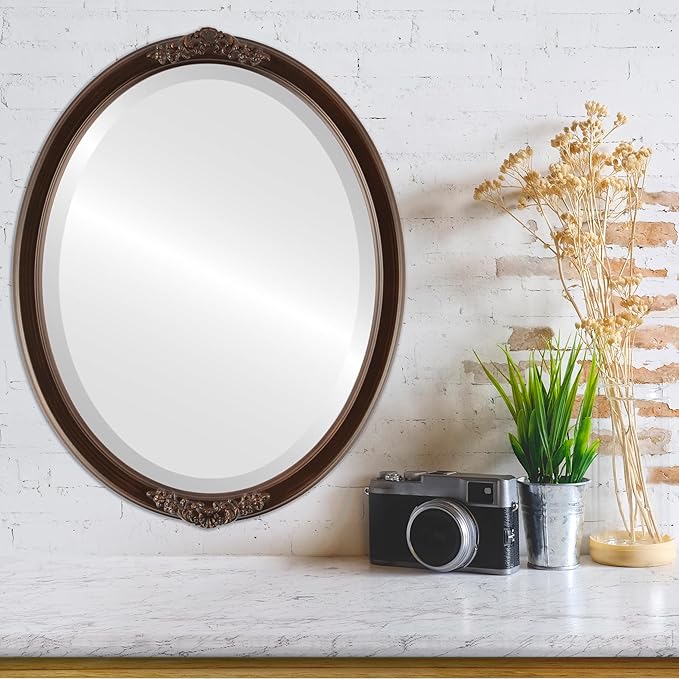 OVALCREST Oval Beveled Wall Mirror for Home Decor - Athena Style - Rubbed Bronze - 26" x 20" Outside Dimensions