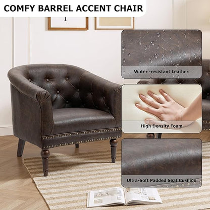 Lumibee Faux Leather Barrel Chairs, Upholstered Accent Chairs Set of 4 for Living Room, Modern Comfy Club Armchairs for Office, Bedroom, Waiting Room-Chocolate