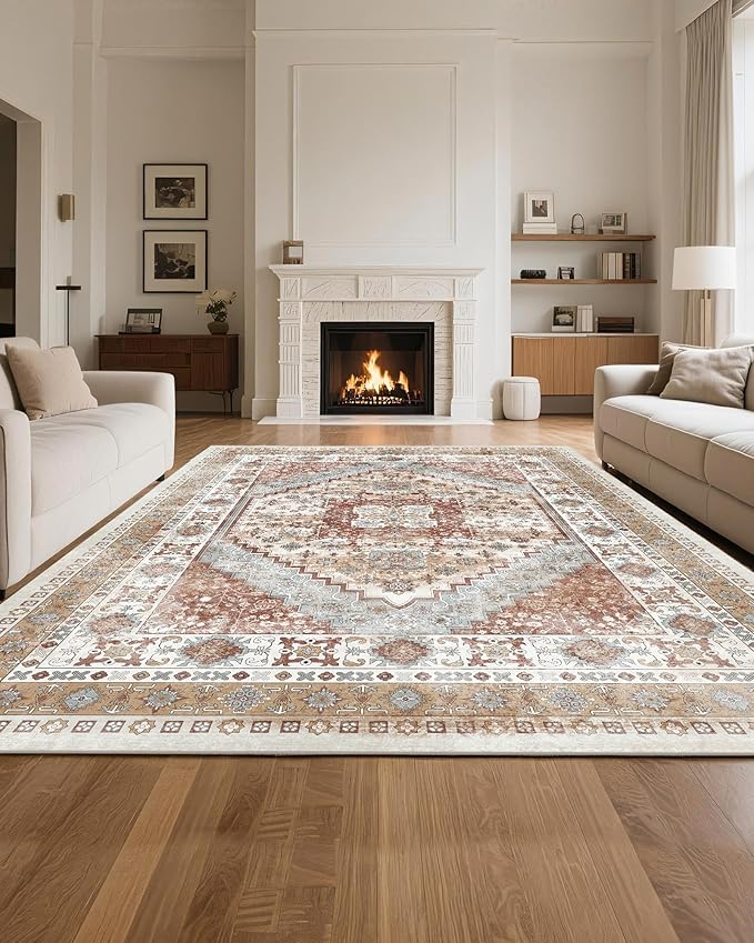 VEVOR 8 x 10 ft Area Rug Large Washable Rug Non-Slip and Tear-Resistant Soft Carpet Pet & Child Friendly Vintage Area Rugs Indoor Mat for Bedroom Living Room Kids Room Office Brown Red