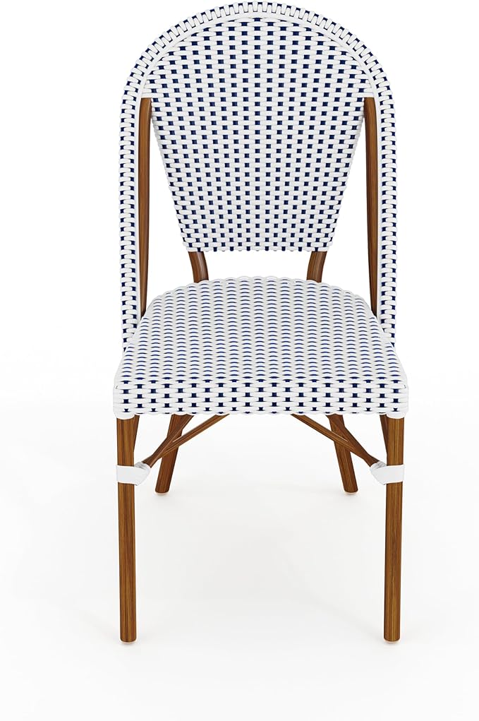 Martha Stewart Lily Pond Indoor-Outdoor Stackable Aluminum Bistro Chair with Natural Woodgrain Frame Finish and White/Navy Woven Rattan Backrest and Seat