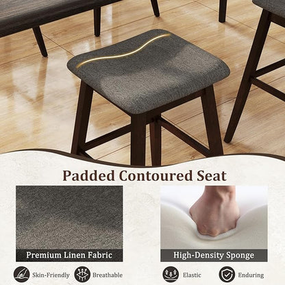 COSTWAY Swivel Bar Stools Set of 2, 30-inch Height Backless Upholstered Chairs with Padded Contoured Seat, Rubber Wood Legs, Footrest, Linen Fabric Barstools for Kitchen Counter Island, Grey+Brown