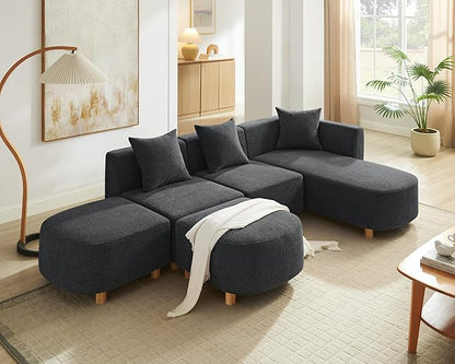 VANOMi 109.84" Modular Sectional Sofa with 3 Pillows, Convertible 5-Seater Comfy Boucle Cloud Couch with Ottoman, Modern Sectional Sofas for Living Room, Office, Apartment (Dark Gray)