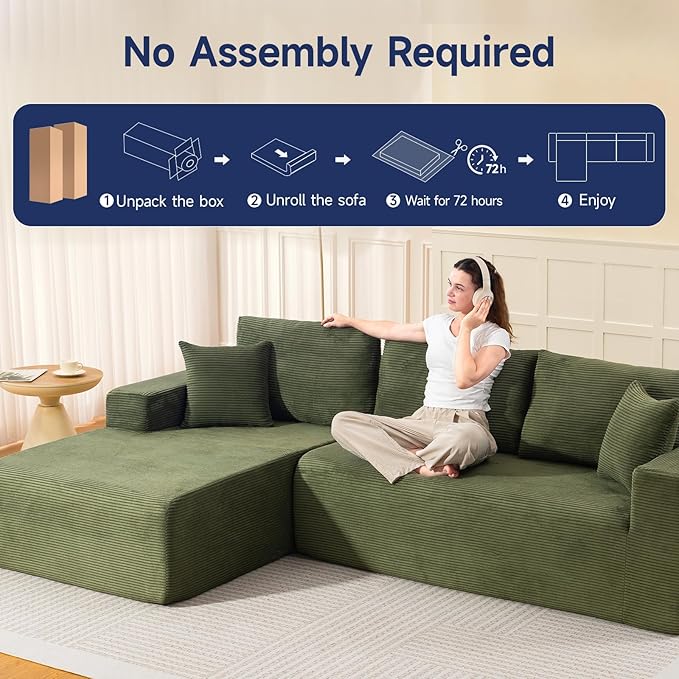 2025 New 108" Cloud Couch Sectional, Modular Sectional Sofa with L-Shaped Chaise, Deep Seat Sectional Modular Couch for Living Room, No Assembly Required (Green, Left Facing Chaise)