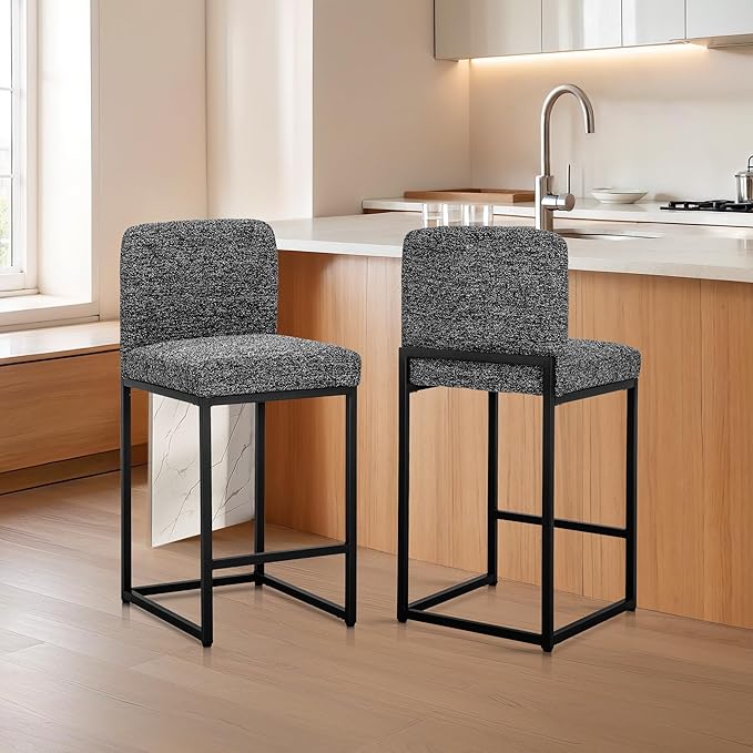 ALPHA HOME 24" Bar Stools Set of 4 Kitchen Counter Stools with Back, Counter Height Stools with Upholstered Footrest for Kitchen Island, Metal Steel Frame, Chenille, Black