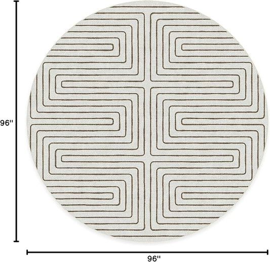 RUGGABLE x Jonathan Adler Machine Washable Area Rug – Labyrinth Camel/Ivory 8 ft Round, Stain-Resistant, Non-Slip – Large Rugs for Living Room, Bedroom, Hallway, Entryway & Office–with Standard Pad