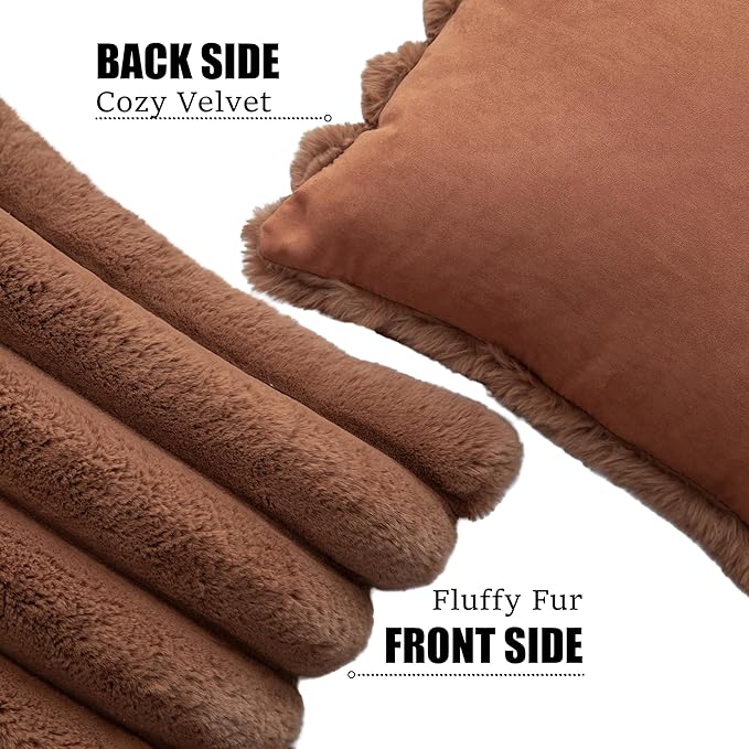 Neelvin Brown Faux Fur Cozy Soft Stripe Decorative Throw Pillow Covers 24x24 inch Set of 2,Velvet Pillowcase Cushion Case for Sofa Couch