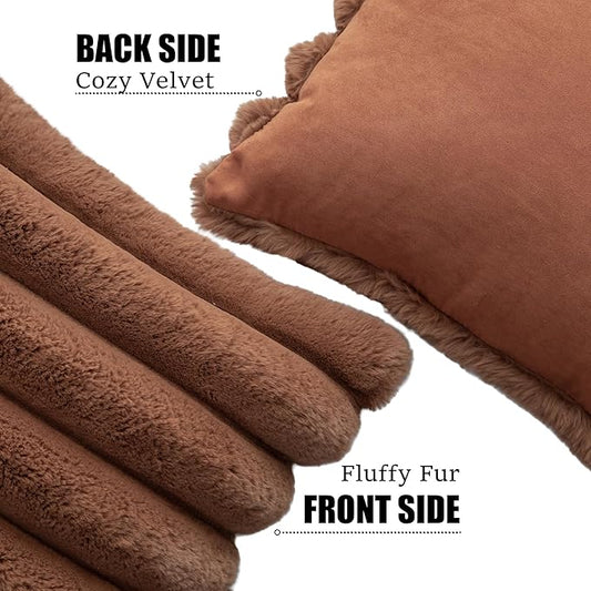 Neelvin Brown Faux Fur Cozy Soft Stripe Decorative Throw Pillow Covers 18x18 inch Set of 2,Velvet Pillowcase Cushion Case for Sofa Couch