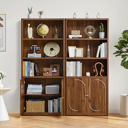 70.8" Tall Fluted Bookshelf with Storage Cabinet Set of 2, Modern 5-Tier Wood Bookcase with Open Display Storage Shelf, Gold Handles for Office Living Room (Walnut)