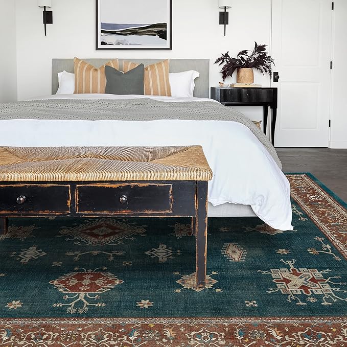 RUGGABLE Washable Vintage Area Rug – Verena Teal Blue 10x14, Stain-Resistant, Non-Slip – Large Machine Washable Rugs for Living Room, Bedroom, Hallway, Entryway & Office–with Standard Pad