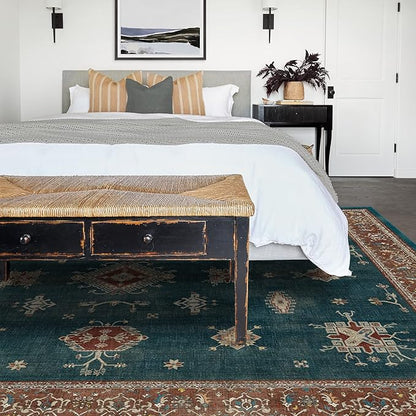 RUGGABLE Washable Vintage Area Rug – Verena Teal Blue 10x14, Stain-Resistant, Non-Slip – Large Machine Washable Rugs for Living Room, Bedroom, Hallway, Entryway & Office–with Standard Pad
