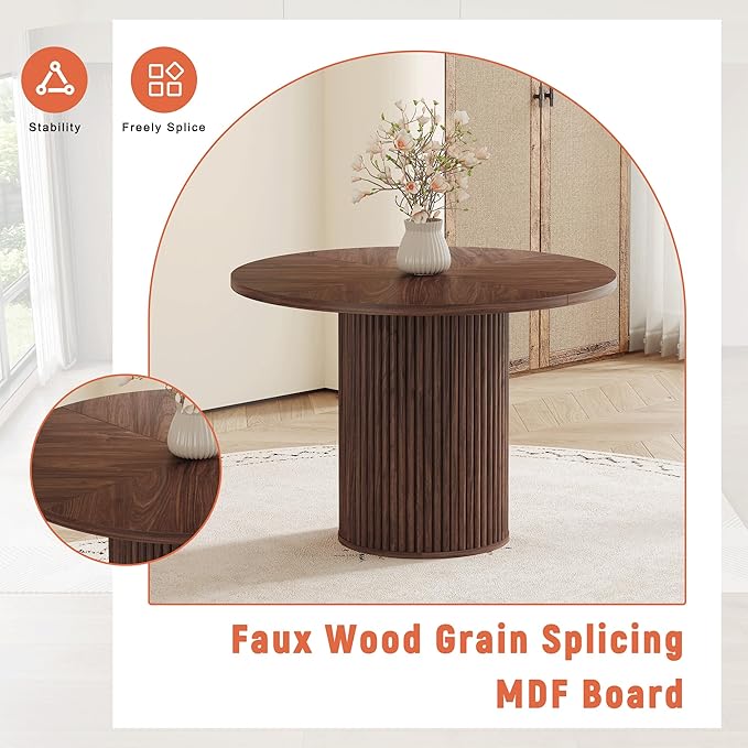 42" Round Dining Table Set for 4 with Storage, 5 Piece Round Dining Table Set with Fabric Chairs, Round Kitchen Table and Chairs for 4 with Thick Wood Top, Roman Column Pedestal, Space-Saving