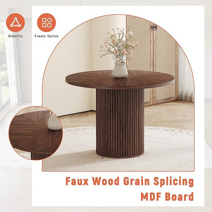 42" Round Dining Table Set for 4 with Storage, 5 Piece Round Dining Table Set with Fabric Chairs, Round Kitchen Table and Chairs for 4 with Thick Wood Top, Roman Column Pedestal, Space-Saving
