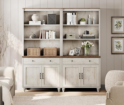 WAMPAT 5 Tier Bookshelf 72" Tall Bookcase with Barn Doors, Large Farmhouse Display Book Shelf with 2 Drawers and Storage Cabinet, Library Wood Bookshelves for Living Room,Kitchen, Rustic White (2PCS)