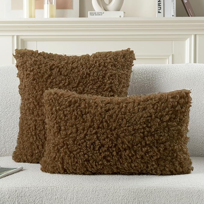 FUTEI Brown Decorative Throw Pillow Covers 22x22 Inch Set of 2,Soft Fluffy Faux Wool Fur Boucle Textured Cushion Case,Modern Home Decor for Couch Bed Living Room Office