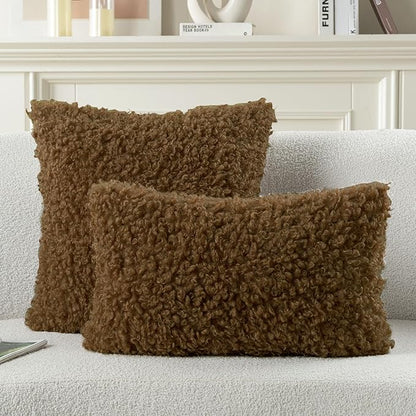FUTEI Brown Decorative Throw Pillow Covers 24x24 Inch Set of 2,Soft Fluffy Faux Wool Fur Boucle Textured European Cushion Case,Modern Home Decor for Couch Bed Living Room Office