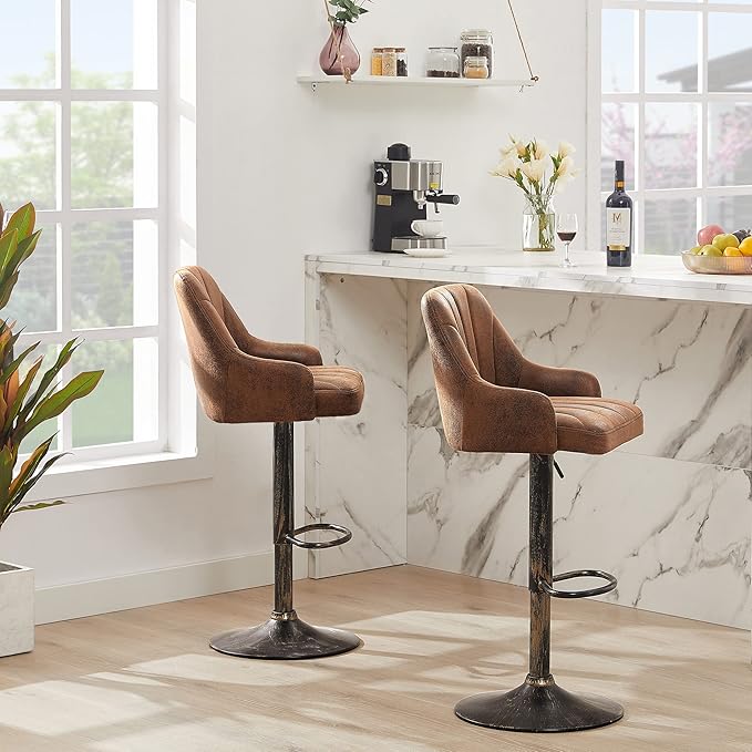 VECELO Bar Stools Set of 2, Adjustable Counter Height Barstools with Back and Arm, Swivel Bar Chair Stools for Kitchen Counter Island Cafe Dining Room, Industrial Style, Brown