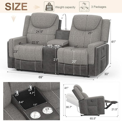 Loveseat Recliner, Manual Reclining Loveseat Sofa with Reading Light, Chic Blend Style Sofa, Storage Console, Cup Holders, USB Ports, Fabric & PU Leather, Recliner Couch for Living Room/RV