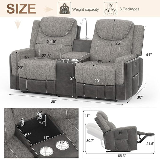 Loveseat Recliner, Manual Reclining Loveseat Sofa with Reading Light, Chic Blend Style Sofa, Storage Console, Cup Holders, USB Ports, Fabric & PU Leather, Recliner Couch for Living Room/RV