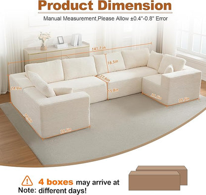 Modular Sectional Cloud Couch for Living Room,Modern Boneless Couche Set with Plush Corduroy,Comfy Floor Sofa with Memory Foam,Stupendous U Shaped Sofa,No Assembly Required,Beige