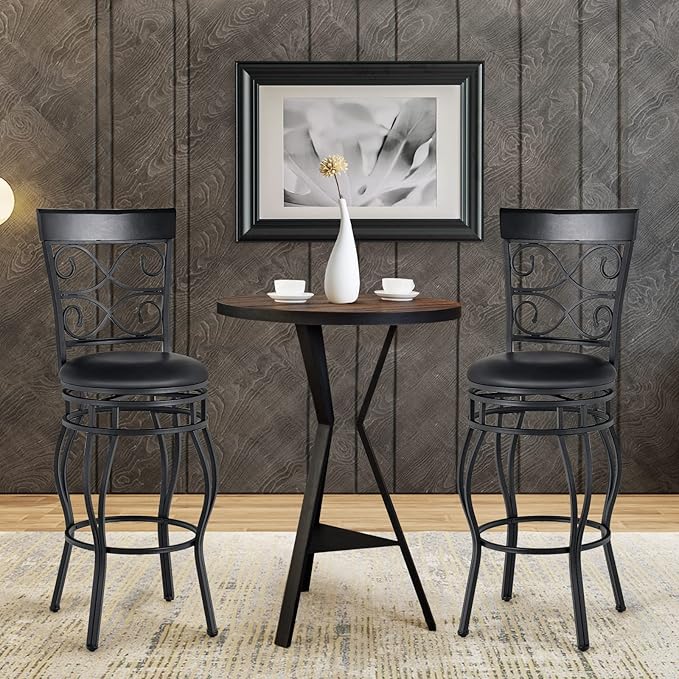 COSTWAY Bar Stools Set of 4, 360 Degree Swivel, 30" Bar Height Bar stools, with Leather Padded Seat Bistro Metal Vintage Chairs with Back for Kitchen Island, Pub (Set of 4)