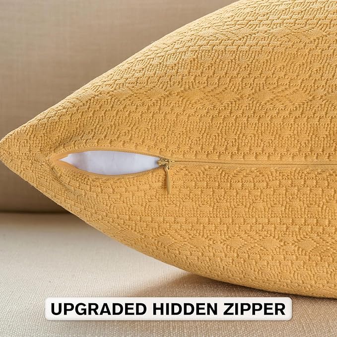 FUTEI Mustard Yellow Chenille Throw Pillow Covers 20x20 Inch Set of 2,Soft Striped & Diamond Textured Cushion Cases,Modern Home Decor for Couch Living Room