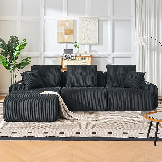 118" Modular Sectional Sofa, Cloud Sectional Couch with Deep Seat, Modern Modular Sofa with L Shaped Comfy Cloud Upholstered Boneless Couches for Living Room Bedroom, Black