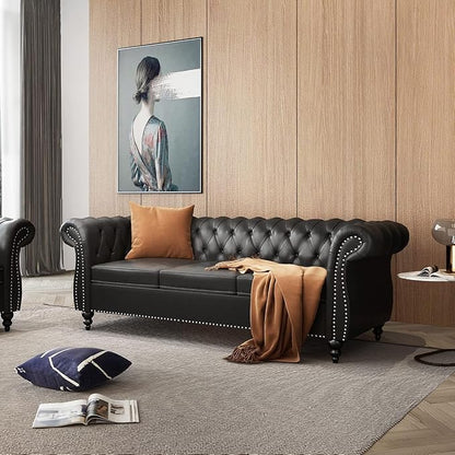 Chesterfield 3 Seater Sofa, Modern Leather Tufted Couch 3 Seater with Rolled Arms and Nailhead Mid-Century Upholstered Couch for Living Room, Bedroom, Apartment and Office, Black