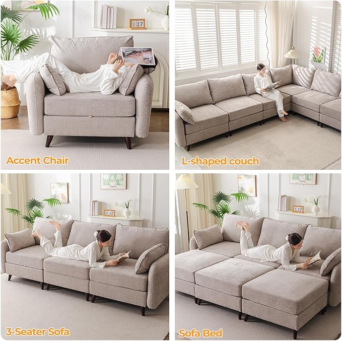 135'' Modular Sectional Sofa with Storage Seat,Oversized U Shaped Couch with Ottoman,7 Seater Couches for Living Room,Bedroom,Velet,Khaki