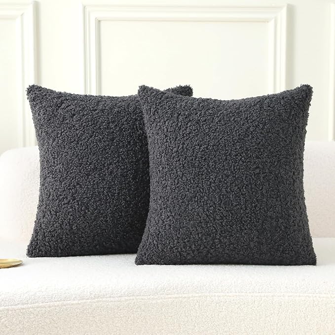 FUTEI Charcoal Throw Pillow Covers 16x16 Inch Set of 2,Furry Faux Fur Teddy Boucle Textured Cushion Covers,Soft Fluffy Decorative Pillow Case,Home Decor for Couch Bed Living Room Office Car