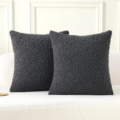 FUTEI Charcoal Throw Pillow Covers 16x16 Inch Set of 2,Furry Faux Fur Teddy Boucle Textured Cushion Covers,Soft Fluffy Decorative Pillow Case,Home Decor for Couch Bed Living Room Office Car