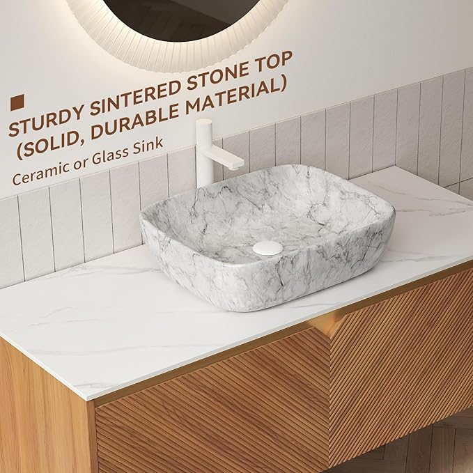 48 Inch Bathroom Vanity with Sink, Floating Fluted Vanity with Vessel Sink, Modern Wall Mounted Bathroom Vanity Cabinet with 2 Doors, Oval Marble Vessel Ceramic Sink & Sintered Stone Top, Oak