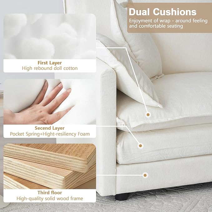 Modular Sectional Sofa, 146.5 Inch U-Shaped Cloud Sofa with Deep Seat Chenille Sofa with Cushions, Four Seater Sectional Sofa for Living Room Apartment,White