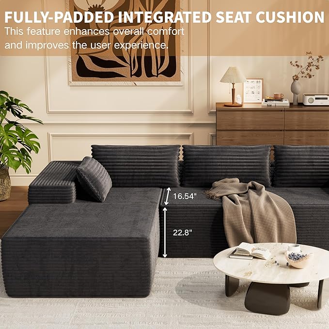 Kingdura 105.5'' Cloud Sectional Couch with L-Shape Chaise, Black Modern Modular Sofa with Deep Seat, Corduroy Fabric, No Assembly Required, Upholstered Couches for Living Room Bedroom
