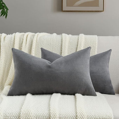 FUTEI Dark Grey Chenille Throw Pillow Covers 12x20 Inch Set of 2,Soft Wide Chevron Textured Lumbar Pillow Cases,Farmhouse Home Decor for Couch Bed Living Room