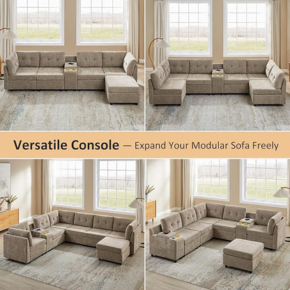 VANOMi 6 Seat Modular Cloud Sofa, 118" Convertible Sectional Cloud Sofas & Couches for Living Room, Comfy Chenille Sectional Couch Sofa for Living Room, Apartment, Office, Camel, L/U Shaped