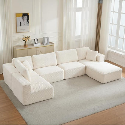 Modular Sectional Cloud Couch for Living Room,Modern Boneless Couche Set with Plush Corduroy,Comfy Floor Sofa with Memory Foam,Stupendous U Shaped Sofa with Ottoman,No Assembly Required,Beige