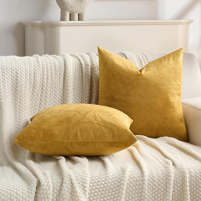 FUTEI Golden Yellow Velvet Throw Pillow Covers 26x26 Inch Set of 2,Soft Embossed Leaf-Relief Textured Euro Pillow Shams,Natural Home Decor for Couch Living Room