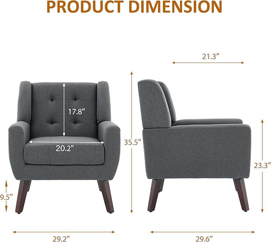 Accent Chairs Set of 2, Mid-Century Modern Upholstered Armchair, Comfy Fabric Living Room Chairs Reading Chairs with Button Tufted Back & Solid Wood Legs for Bedroom, Office, Gary